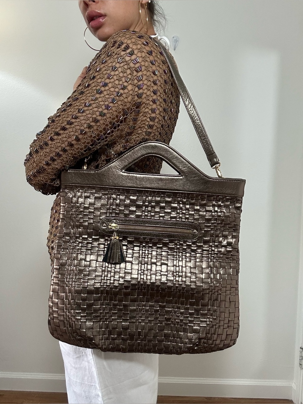 Lauren Merkin Silver Woven Leather Tote Handbag Convertible Foldable Clutch